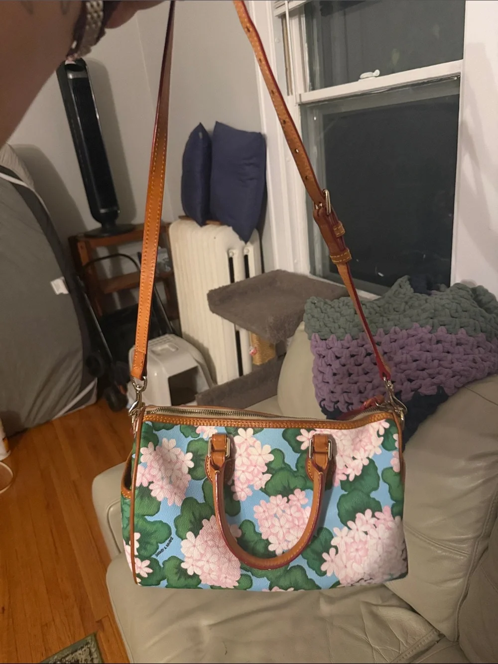 Dooney & Bourke Pink Floral Mini Satchel with Green Leaves on Blue